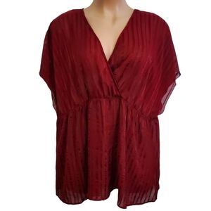 Torrid Burgundy Striped Surplice Babydoll Blouse Short Sleeve ~ New With Tags